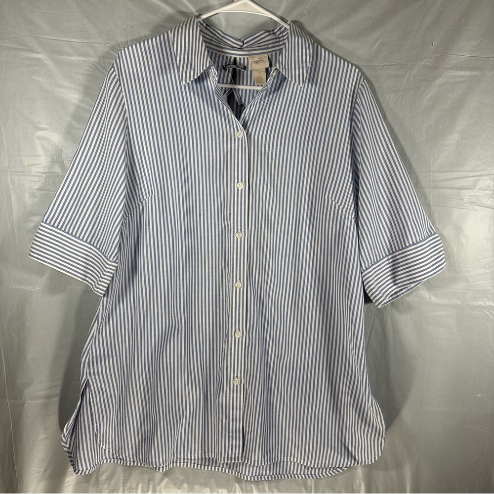 Chicos Tie Back Striped Button Down Tunic Top Womens Lg Blue White Nautical